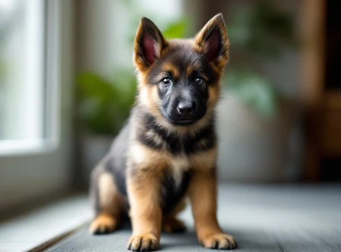 Image of a German Shepherd puppy with alert eyes, thick coat, and recognizable breed features in a natural setting