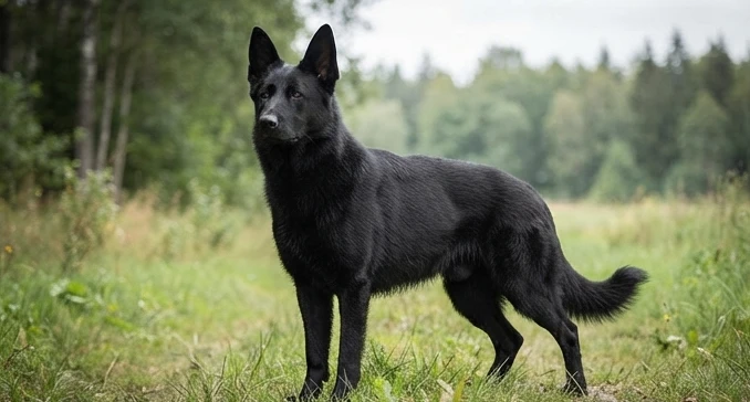 images of a black german shepherd showing a solid black coat, alert ears, and classic athletic breed structure