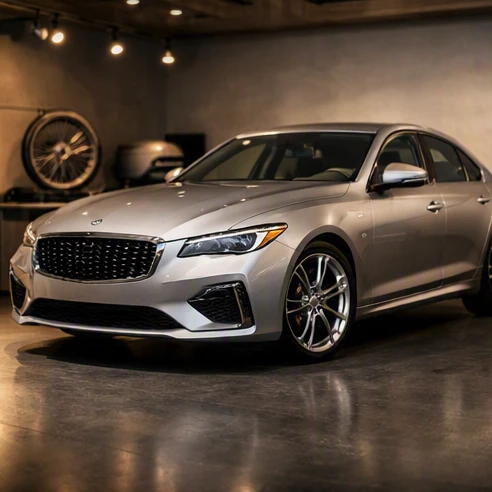 Infiniti is made by what car company relationship shown through a premium Infiniti vehicle beside Nissan heritage context