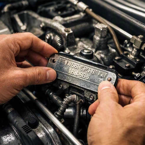 Mechanic examining a classic car VIN plate and trim tag inside an engine bay with a specialized tool