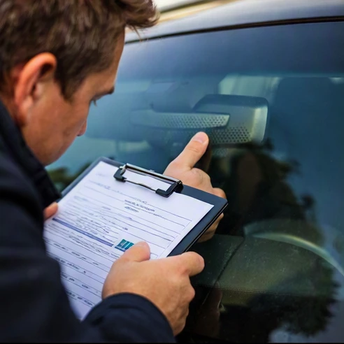 Person holding a document while checking the vehicle identification number plate through the front windshield