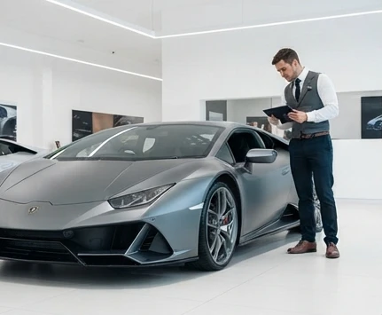 Lamborghini Huracán being inspected by an insurance assessor at a Mumbai dealer