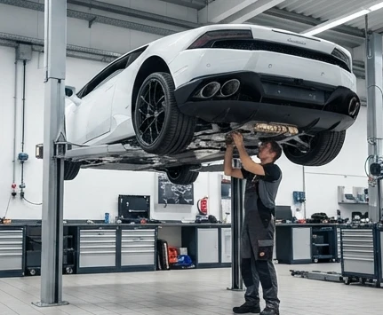 Lamborghini Huracán undergoing a 151-point inspection in a Mumbai service garage