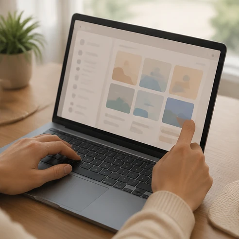 Hands reviewing a laptop product listing to confirm Microsoft Office license terms before purchase
