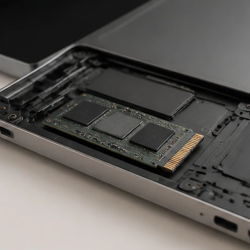 Close-up of a laptop's internal SSD storage component that affects everyday Office app performance