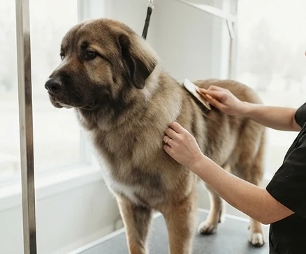 Professional groomer bathing a calm large breed dog during a large breed dog grooming appointment