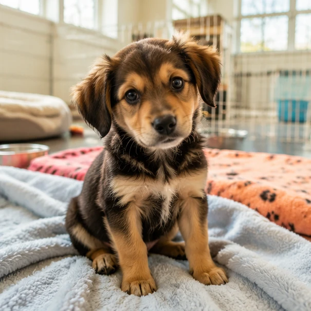 A small rescue puppy looking curious and hopeful in a cozy animal shelter environment, representing lily s story w bruce cameron
