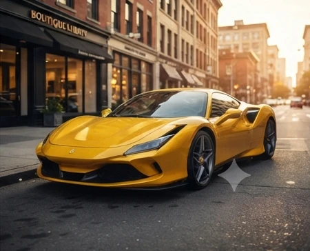 Exotic sports car parked outside a specialty rental storefront in a downtown setting
