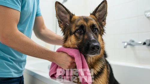 Long-haired German Shepherd coat being dried after a bath with brushing during the process