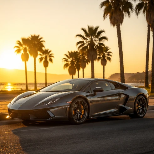 Sleek sports car parked on a scenic coastal road in India during golden hour, representing budget supercars