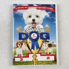 Lucky the dog movie poster showing the canine hero Lucky alongside human leads Travis and Amber in a heartwarming family scene