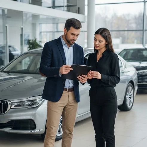 Buyer reviewing a luxury vehicle inspection report with dealership representative
