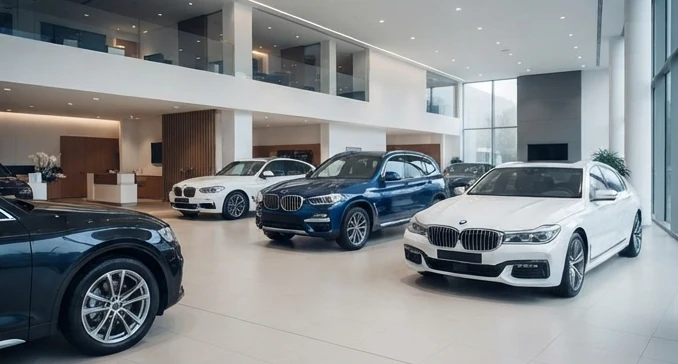Luxury car dealership showroom with premium vehicles arranged for buyers comparing verified inventory options