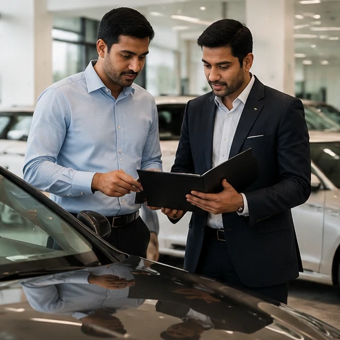 Buyer inspecting luxury vehicle documents and service records with dealership staff