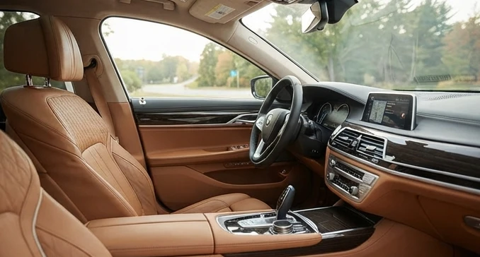 Luxury sedan interior showing comfort features like leather seats and advanced controls