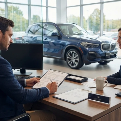 Luxury car financing and warranty options reviewed with documents beside a premium vehicle