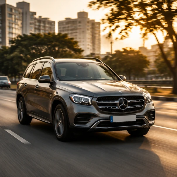 A sleek Mercedes-Benz SUV navigating Pune's busy streets with a backdrop of cityscape