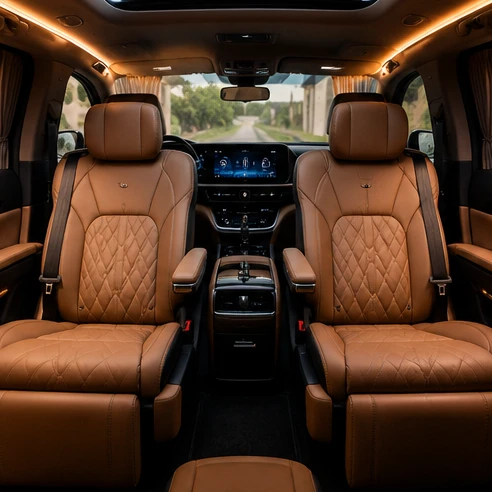 Spacious interior of a luxury vehicle showing premium leather captain seats and modern infotainment dashboard setup