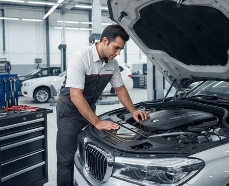 Professional service technician inspecting the engine bay of a modern luxury car in a clean workshop