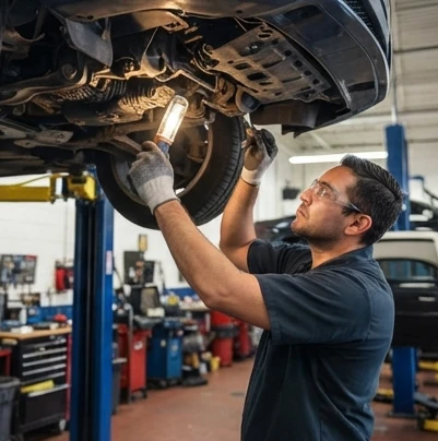 Technician checking maintenance components on an older premium vehicle during scheduled service