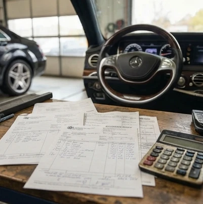 Used luxury car dashboard mileage display beside organized maintenance records and receipts