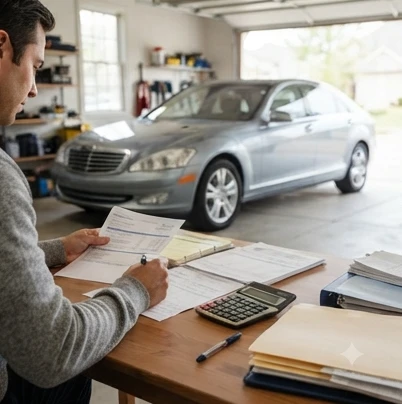 Buyer calculating total ownership costs for a used luxury car with documents and calculator