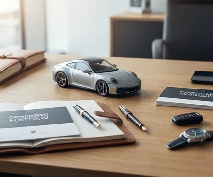 Luxury vehicle ownership planning with maintenance documents and premium car in background