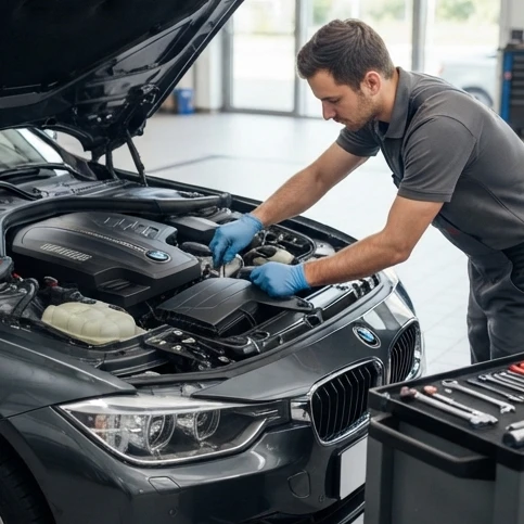 Luxury car pre-purchase inspection with mechanic checking condition before a budget vehicle purchase