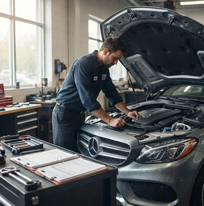 Mechanic inspecting a used luxury sedan before purchase with diagnostic tools and vehicle records nearby