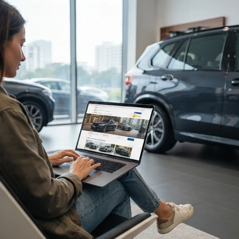 Luxury car rental bangalore self drive booking process with a person comparing premium vehicle options on a laptop
