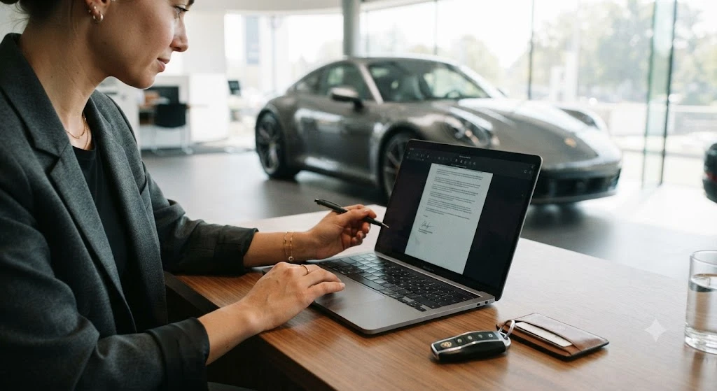 Renter finalizing a luxury car rental booking on a laptop with a rental agreement visible