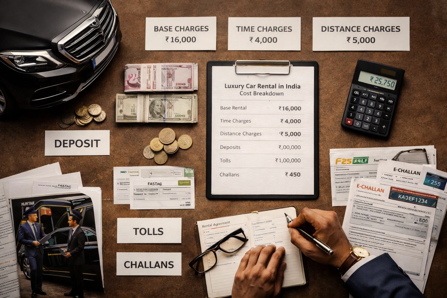 Luxury vehicle rental budgeting with documents and premium car keys on a desk