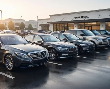Row of luxury sedans and SUVs parked at a rental company lot ready for pickup