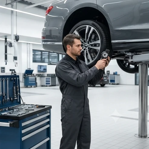 Professional automotive technician inspecting luxury sedan components inside a clean service workshop environment