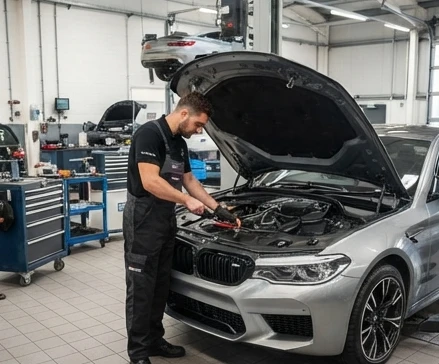 Luxury vehicle undergoing professional service inspection with technicians checking mechanical components