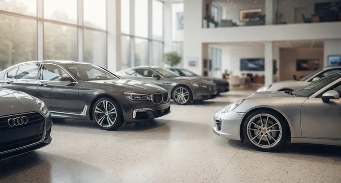 Luxury car shops near me with premium vehicles displayed in a refined showroom setting