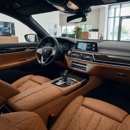 Luxurious vehicle interior and digital display setup inside a modern executive dealership setting, highlighting premium leather and trim