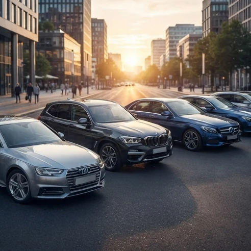 Premium sedans and SUVs parked in a modern urban setting representing luxury cars under 30 lakhs in India
