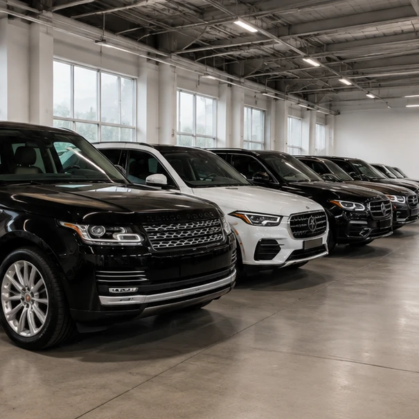 Luxury rental vehicles stored in a clean garage showing physical inventory verification before booking
