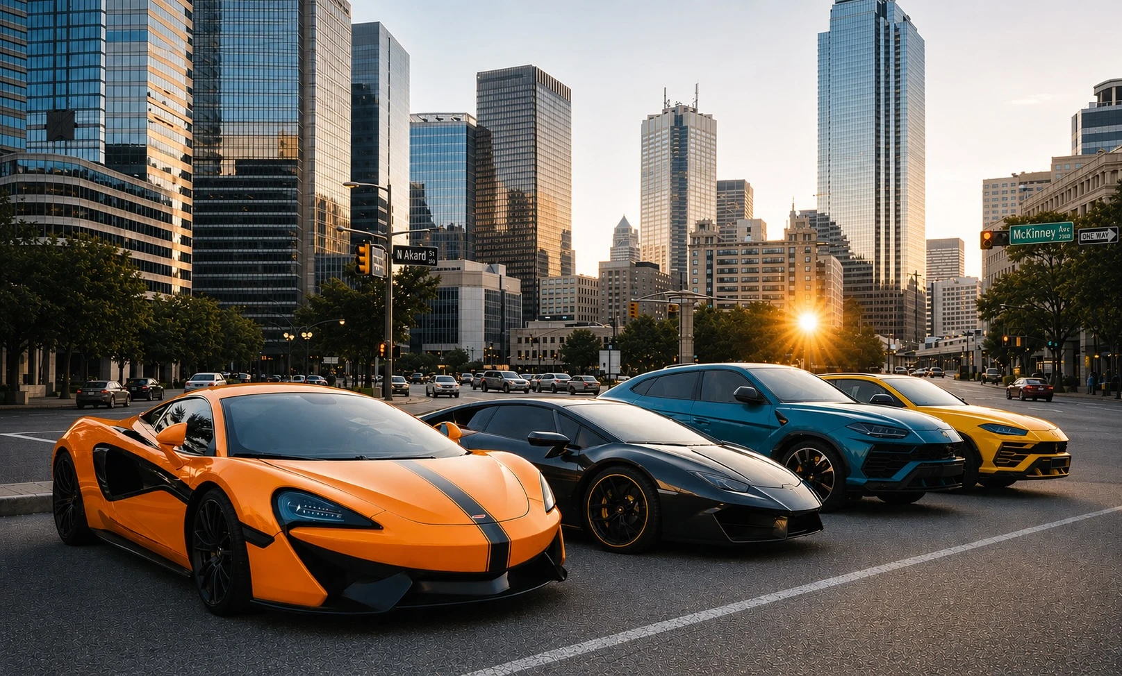Premium vehicles beside a luxury rental comparison setting showing different DFW rental options and categories