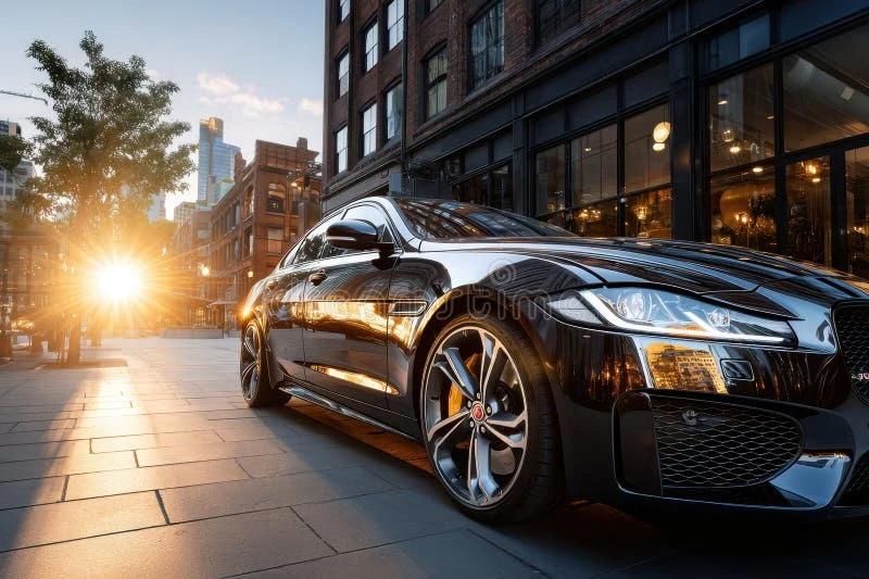 Interior and exterior view of a luxury hybrid sedan parked on a clean urban street showcasing premium design