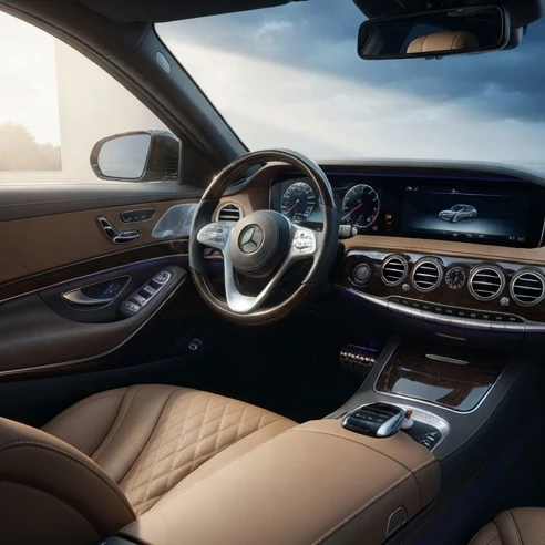 Sophisticated luxury sedan interior featuring premium leather upholstery and modern wood dashboard trim for high-end travel