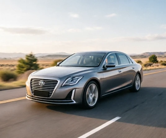 Premium luxury sedan performance scene showing a sleek executive car with dynamic road presence and refined styling