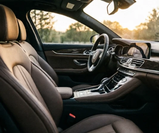 Advanced luxury sedan cabin featuring premium materials digital controls and comfort-focused design elements
