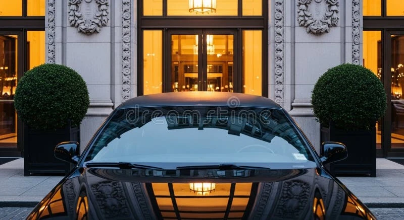 Sleek luxury SUV parked in front of a modern executive building at sunset, highlighting refined design and premium vehicle rental quality