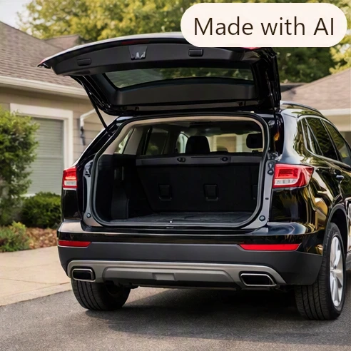 Open cargo area of a midsize luxury SUV with the trunk lid raised showing available load space