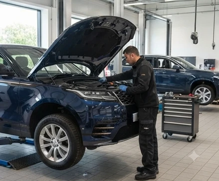 Luxury SUV undergoing condition checks for suspension tires electronics and service history