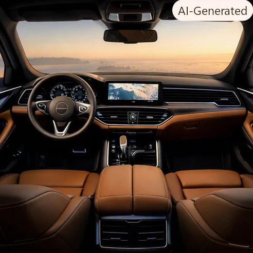 Modern luxury SUV dashboard with dual digital displays, premium leather steering wheel, and ambient interior lighting