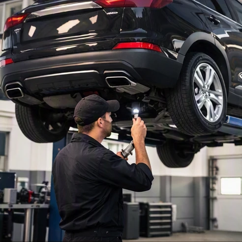 Mechanic inspecting the underside of a luxury SUV during a routine maintenance appointment