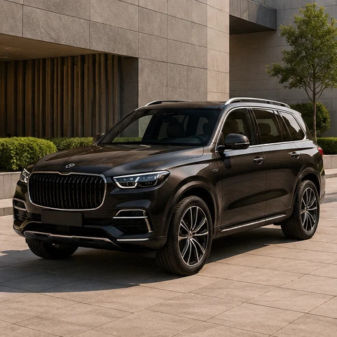 Modern luxury SUV exterior parked in a clean urban setting with architectural reflections on its bodywork